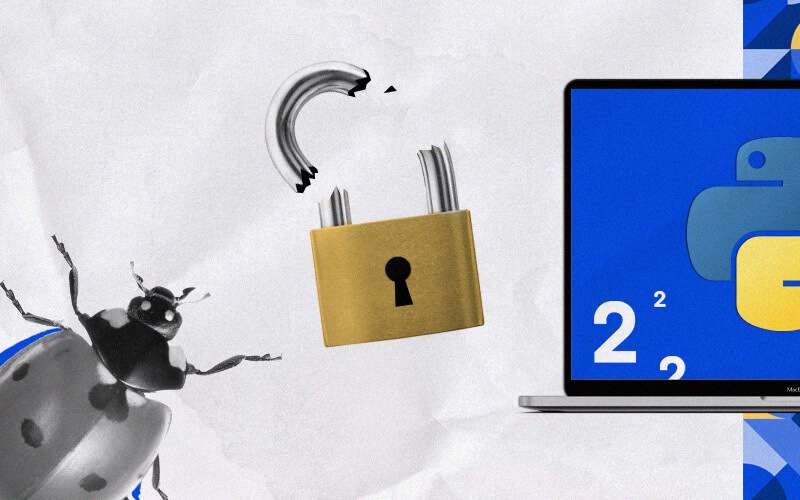 A creative graphic showing a bug facing a broken padlock with numbers floating around, next to a laptop displaying a Python logo with subscript "2", likely representing security issues or debugging in Python 2.