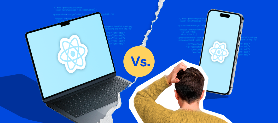 "Visual comparison of React.js and React Native, depicting a laptop with React.js logo and a mobile phone with React Native logo, and a person contemplating the choice."